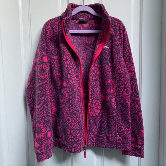 COLOMBIA GIRLS SIZE LARGE 14-16 PINK FLORAL PRINT ZIPPER JACKET COZY WARM FLEECE - Picture 3 of 9
